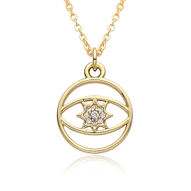 Brass Micro Pave Clear Cubic Zirconia Pendants Necklaces for Women, Flat Round with Evil Eye
