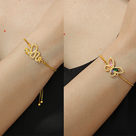 Bracelets coulissants en laiton avec lien serpent/papillon, micro pavé de zircone cubique, bracelets chaîne boîte pour femmes, réel 18 k plaqué or