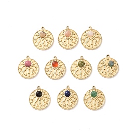 Natural Gemstone Pendants, with Ion Plating(IP) Real 18K Gold Plated 304 Stainless Steel Findings, Flat Round Charm