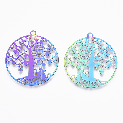 Ion Plating(IP) 201 Stainless Steel Filigree Pendants, Etched Metal Embellishments, Flat Round with Heart Tree & Lover Cat, for Valentine's Day
