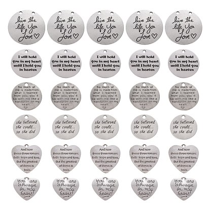 36Pcs 6 Style Tibetan Style Carved Words Alloy Pendants, Quote Pendants, Heart & Flat Round