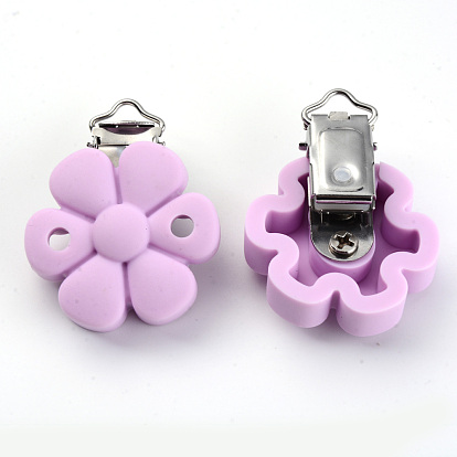 Food Grade Eco-Friendly Silicone Baby Pacifier Clips, with 304 Stainless Steel Clips, Flower, Stainless Steel Color