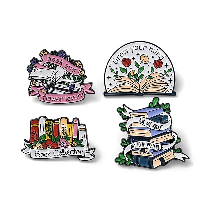 Book & Plants Enamel Pins, Black Alloy Brooch for Backpack Clothing