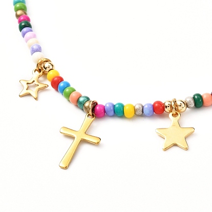 Semences de verre colliers de perles, collier à breloques étoile et croix, or