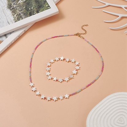 Collier et bracelet extensible en perles de verre et étoile de coquillage naturel, ensemble de bijoux pour femmes