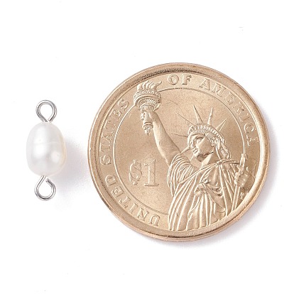 Natural Cultured Freshwater Pearl Bead Links Connectors, with 304 Stainless Steel Findings, Rice