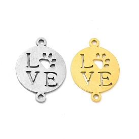 Ion Plating(IP) 201 Stainless Steel Connector Charms, Flat Round Links with Dog Claw & Word Love Pattern