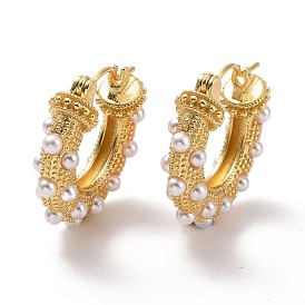 Plastic Pearl Beaded Hoop Earrings, Brass Chunky Hoop Earrings for Women, Cadmium Free & Lead Free