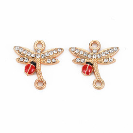 Alloy Links Connectors, with Enamel and Crystal Rhinestone, Light Gold, Dragonfly with Ladybird