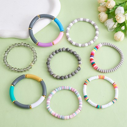 Ensemble de bracelets extensibles en jaspe impérial synthétique et perles de verre de style pcs 8, bracelets heishi surfeur en pâte polymère, bracelets épais en tube incurvé en acrylique pour femmes