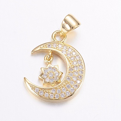 Brass Micro Pave Cubic Zirconia Pendants, Long-Lasting Plated, Moon and Star
