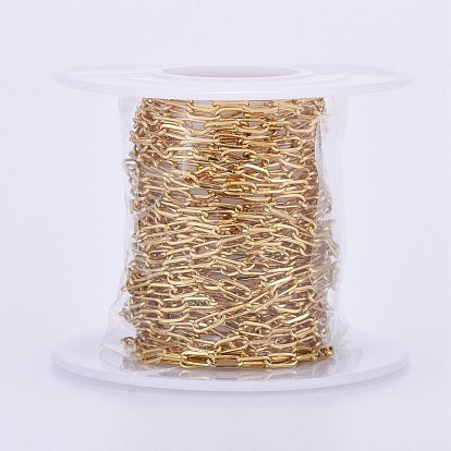 Soldered Brass Paperclip Chains, Drawn Elongated Cable Chains, Long-Lasting Plated, Real 18K Gold Plated, with Spool