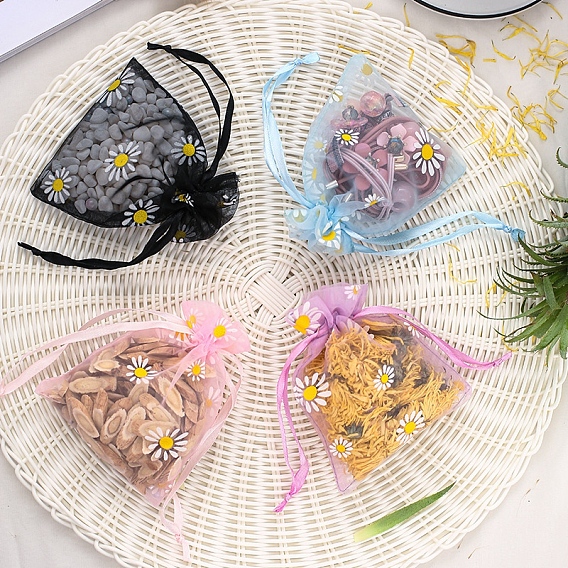 Organza Flower Printed Jewellery Storage Pouches, Wedding Favour Party Mesh Drawstring Gift Bags, Rectangle