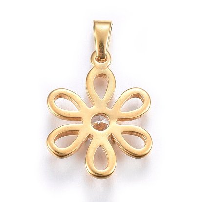 304 Stainless Steel Pendants, with Cubic Zirconia, Flower