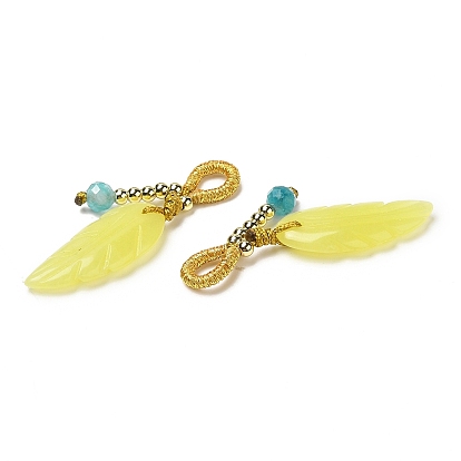 Natural Lemon Jade Pendants, Leaf Charms with Faceted Natural Stone and Brass Beads