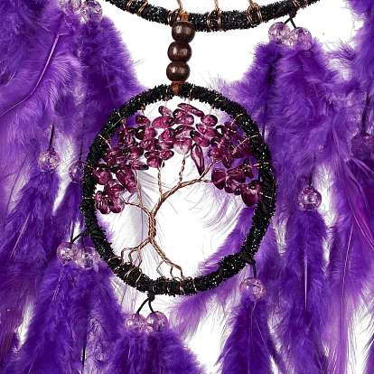 Toile/filet tissé en fil de fer et de laiton avec des décorations de pendentifs en plumes, avec perles en plastique et améthyste, recouvert de cuir et cordon de velours, plat et circulaire avec arbre de vie