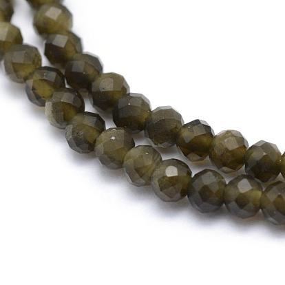Natural Golden Sheen Obsidian Beads Strand, Faceted, Round