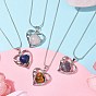 Heart Shaped & Hollow Out Natural Gemstone Pendant Necklaces, with Brass Round Snake Chains