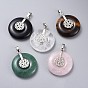 Gemstone Pendants, with Platinum Tone Brass Findings, Donut/Pi Disc with Flower