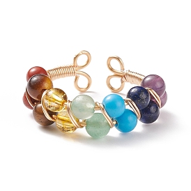 Natural & Synthetic Mixed Gemstone Braided Open Cuff Ring, Light Gold Plated Copper Wire Wrapped Jewelry for Women