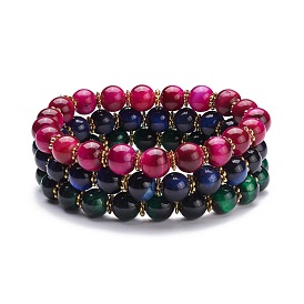 Bracelet extensible perles rondes en oeil de tigre naturel, bracelet en pierre avec des perles d'espacement de marguerite en alliage pour les femmes, or