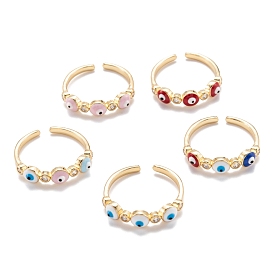 Brass Micro Pave Clear Cubic Zirconia Cuff Rings, Open Rings, with Enamel, Evil Eye, Golden