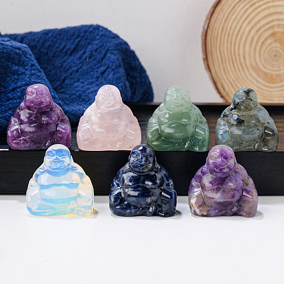 Natural & Synthetic Gemstone Carved Healing Buddha Figurines, Reiki Energy Stone Display Decorations