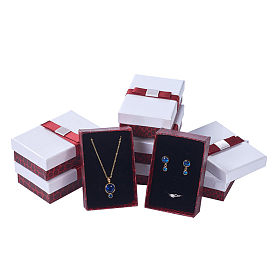 Kraft Cotton Filled Rectangle Cardboard Jewelry Set Boxes with Bowknot, for Ring, Earring, Necklace, 9x6x3cm
