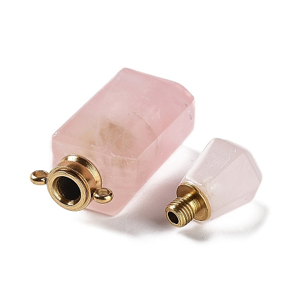 Pendentifs de bouteille de parfum en quartz rose naturel, avec les accessoires en acier inoxydable de ton d'or, breloque diffuseur d'huiles essentielles, pour la fabrication de bijoux