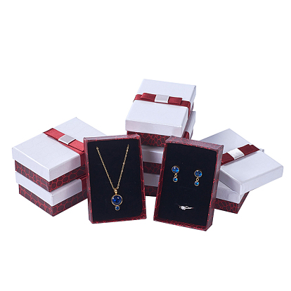 Kraft Cotton Filled Rectangle Cardboard Jewelry Set Boxes with Bowknot, for Ring, Earring, Necklace, 9x6x3cm