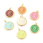 Real 18K Gold Plated Brass Pendants, with Enamel, Long-Lasting Plated, Flat Round with Flower
