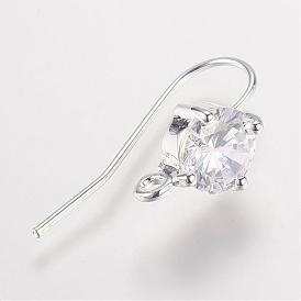 Long-Lasting Plated Brass Cubic Zirconia Earring Hooks, with Horizontal Loop