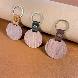 Porte-clés en bois non fini bricolage, avec des accessoires en similicuir, plat rond