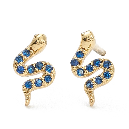 Brass Micro Pave Cubic Zirconia Stud Earrings, Snake, Blue