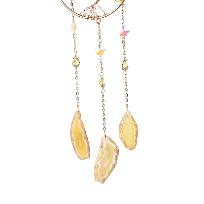 Natural Citrine Chips Beaded Moon Hanging Sun Catchers, with Glass Teardrop/Octagon and Natural Agate, with Iron Findings