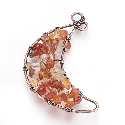 Chip Gemstone Big Pendants, with Red Copper Tone Brass Findings, Moon