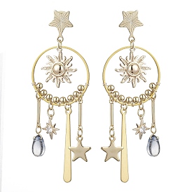 Brass Sun & Star Chandelier Earrings, Glass Teardrop Drop Earrings