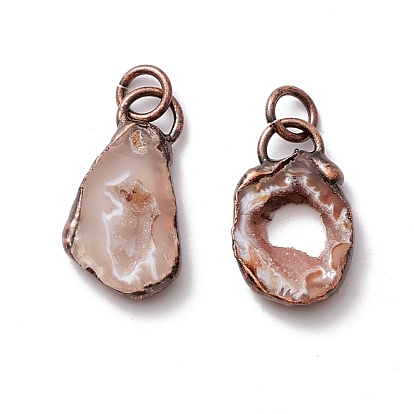 Natural Druzy Agate Pendants, with Red Copper Tone Tin Findings, Lead & Nickel & Cadmium Free, Nuggets
