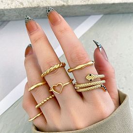 7-Piece Set of Hollow Heart, Snake Openwork and Threaded Multi-Joint Rings