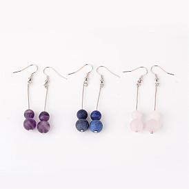 Pierres précieuses naturelles perles dangle boucles d'oreilles, avec crochets d'oreilles en laiton, platine, 60 mm, broches: 0.8 mm