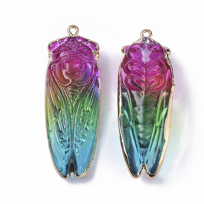 Природный кристалл кварца большие подвески, с краем позолоченные железные петли, с покрытием цвета радуги, цикада
