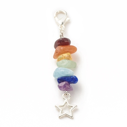 Chakra Theme Natural Gemstone Pendant Decorations, with Alloy Lobster Claw Clasps, Tibetan Style Star Pendant