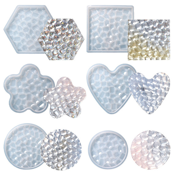Moules de tapis de tasse de texture de diamant de silicone, moules de résine, pour la fabrication artisanale de résine uv et de résine époxy, hexagone/carré/fleur/coeur/rond