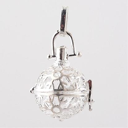 Rack Plating Brass Cage Pendants, For Chime Ball Pendant Necklaces Making, with Rhinestone, Hollow Round with Snowflake