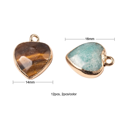 12 pcs 6 style galvanoplastie pendentifs en pierres précieuses naturelles, avec des découvertes de fer doré sans cadmium & sans nickel & sans plomb, facette, cœur