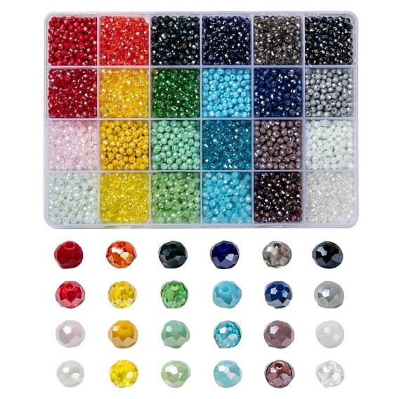 24 Colors Electroplate Glass Beads, Opaque Solid Color, AB Color Plated, Faceted, Rondelle