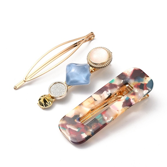 Iron Alligator Hair Clips Sets, with Cellulose Acetate(Resin), Rectangle & Flat Round and Rhombus