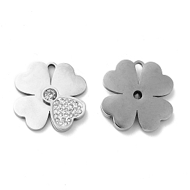 201 Stainless Steel Pendants, with Rhinestone, Clover Charm