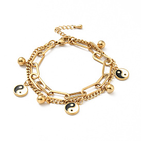 Bracelet multirangs résine yin yang et breloque boule ronde, placage sous vide 304 bracelet à chaînes double couche en acier inoxydable pour femme