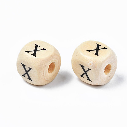 Perles imprimées en bois d'érable naturel, trou horizontal, cube avec la lettre initiale, amande blanchie